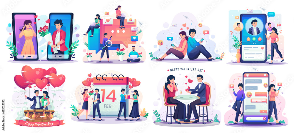 Set of Valentine's Day concept with romantic couple enjoying valentine's day. Online dating and social networking, virtual relationships concept flat style vector Illustration