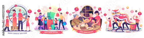 Set of Chinese New Year with Asian Family gathering is having a reunion dinner. children playing with a Chinese dancing lion. familiy online shopping. flat style vector Illustration