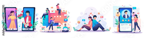 Set of Valentine's Day concept with romantic couple enjoying valentine's day. Online dating and social networking, virtual relationships concept flat style vector Illustration