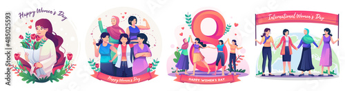 Set of International Women's Day concept with happy multinational diverse women celebrate womens day. Struggling for freedom, independence, equality. Flat style vector illustration