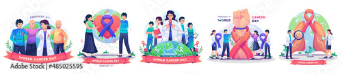 Set of world cancer day concept with People, Doctors, nurses, and medical personnel celebrate world cancer day flat style vector Illustration