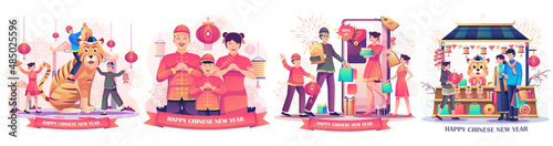 Set of Chinese New Year with People celebrates the lunar new year. children playing with a zodiac lion. family online shopping. couple shopping in street market store. flat style vector Illustration