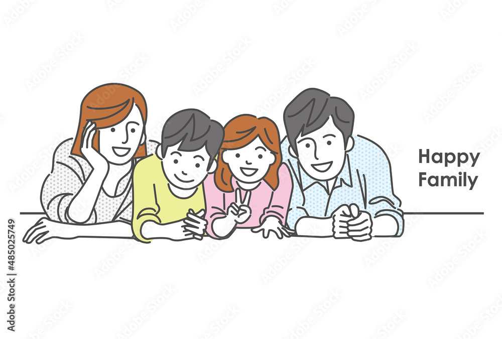 夫婦と子供の家族4人の寝そべりイラスト素材 夫婦と子供の家族4人の寝そべりイラスト素材