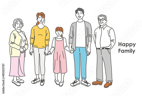 夫婦と祖父母と孫の家族全身イラスト素材