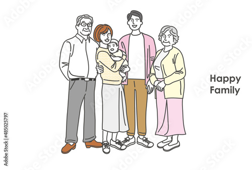 夫婦と祖父母と赤ちゃんの家族全身イラスト素材
