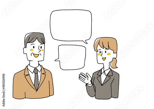 会話する女性社員と中年男性社員　コミカルな手書きの人物イラスト　ベクター線画にシンプルな色つけ
