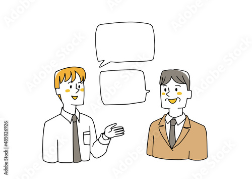 上司と会話するビジネスマン　コミカルな手書きの人物イラスト　ベクター線画にシンプルな色つけ