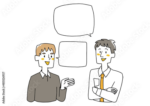 会話する二人の男性　コミカルな手書きの人物イラスト　ベクター線画にシンプルな色つけ