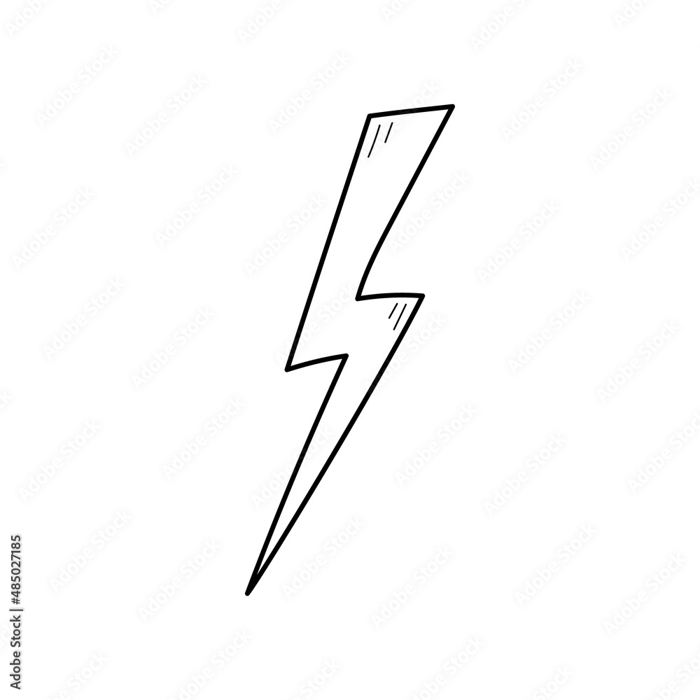 Hand drawn electric lightening element. Comic doodle sketch style. Thunderbolt for flash, energy concept icon. Vector illustration.