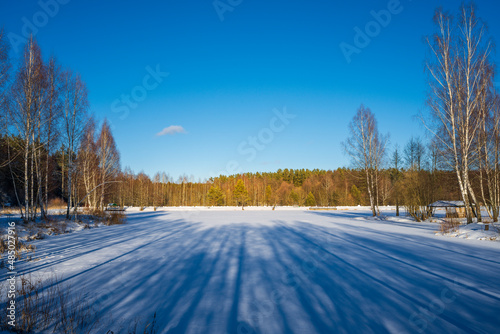 A frozen lake on a sunny winter day