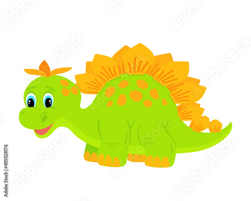 Vector illustration of a green dinosaur cub with orange spots isolated on a white background.