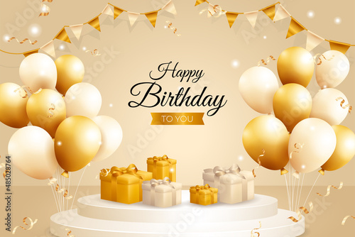 Happy birthday background design with realistic bunch of flying golden balloons