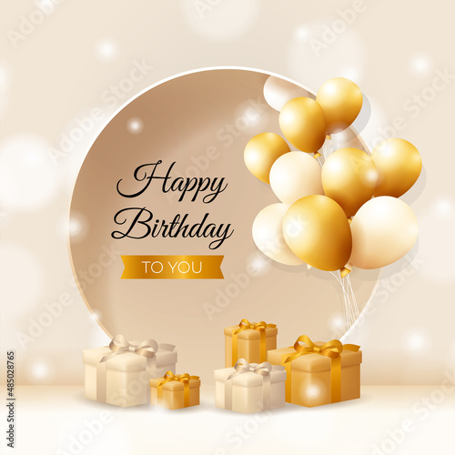 Happy birthday background design with realistic bunch of flying golden balloons