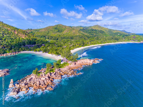 An aerial view on a rock between Grand Anse and Petite Anse on Praslin island, Seychelles