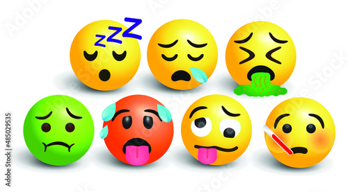 vector round yellow cartoon bubble emoticons social media Facebook Instagram Whatsapp chat comment reactions, icon template face Mouth spew vomit Hot Overheated Woozy Wavy Mouth Sleep Snoring Disgust