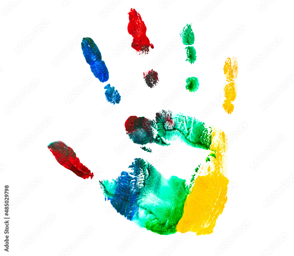 Colorful hand print of a child isolated on white background. Watercolor paints. Children paint traces from hands and fingers. Paint abstraction Colorful hand print of a child isolated on white background. Watercolor paints. Children paint traces from hands and fingers. Paint abstraction