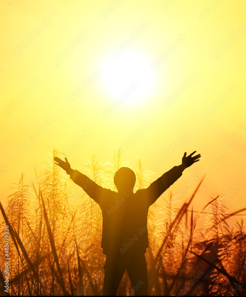 The man raised his arms and the rays of the sun The man raised his arms and the rays of the sun