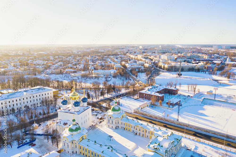 Aerial drone view of Spaso-Preobrazhenskiy transfiguration Cathedral in Tver, Russia. Russian winter landscape.