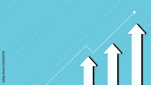 ビジネスのキャリアアップ、ステップアップ、成長、投資成功を表現した上昇矢印の背景壁紙素材（青）　Business development to success and growing growth concept. Arrow sign growth on blue background