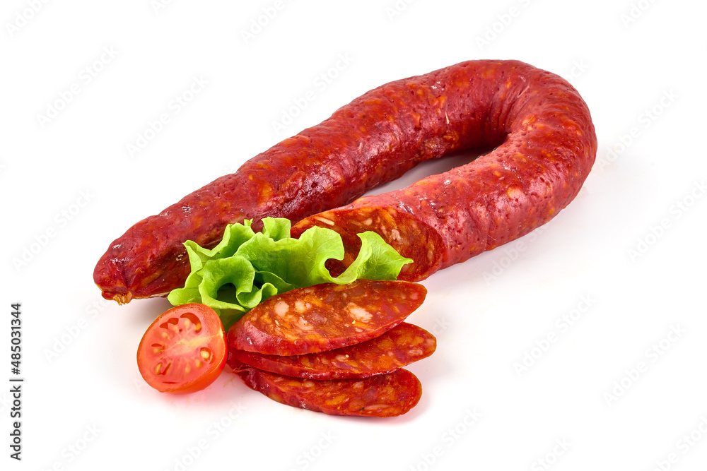 Spanish pork chorizo sausage, close-up, isolated on white background. Spanish pork chorizo sausage, close-up, isolated on white background.