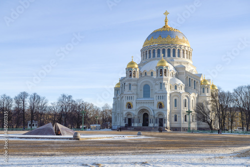 St. Nicholas Naval Cathedral on Anchor Square on a sunny January day. Kronstadt