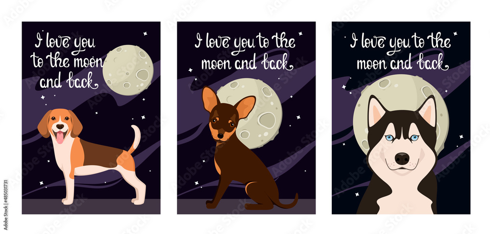 A set of postcards with cute dogs. I love you to the moon and back. Cartoon design.
