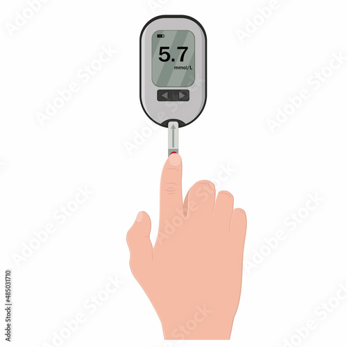 Blood glucose test illustration. Daiabetes blood test, man holding glucometer
