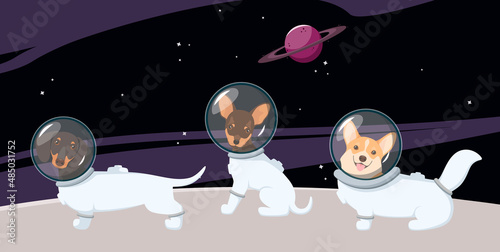 Cute dogs in spacesuits in space. Cartoon design,

