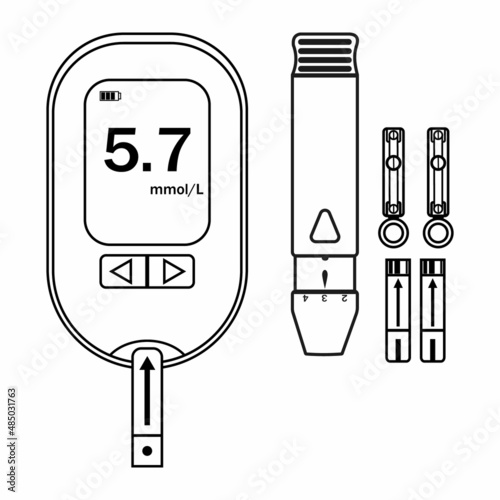 Set of icons with blood glucose meter insulin pen syringe isolated vector illustration contour
