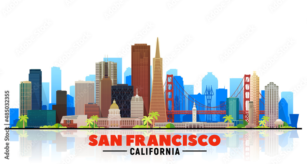 San Francisco City (USA) line skyline with panorama in white background. Vector Illustration. Business travel and tourism concept with modern buildings. Image for banner or website.

