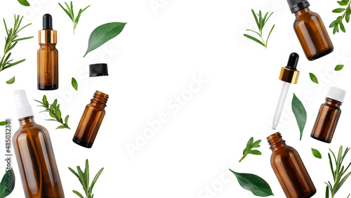 Εκτύπωση καμβά Dropper and spray bottles with oil and herbs isolated on white background flat lay view with copy space