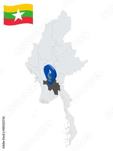 Location of  Bago Region on map Myanmar. 3d Bago flag map marker location pin. Quality map with Regions of  Myanmar for your design. EPS10.