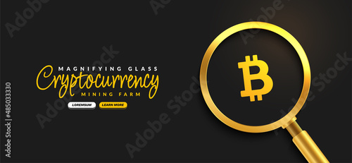 Bitcoin Crypto currency with golden magnifying glass background, Digital money exchange of Blockchain technology banner, Cryptocurrency financial concept