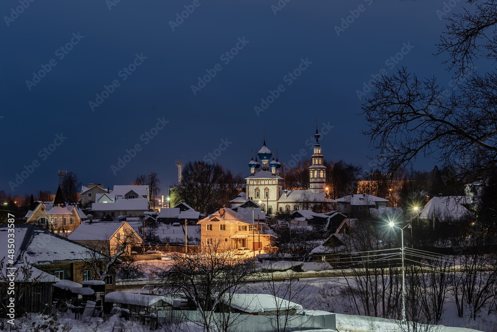 Night cityscape with The Temple of the icon of the Mother of God Korsunskaya in the city of Uglich of the Yaroslavl region of Russia. Golden Ring of Russia.	