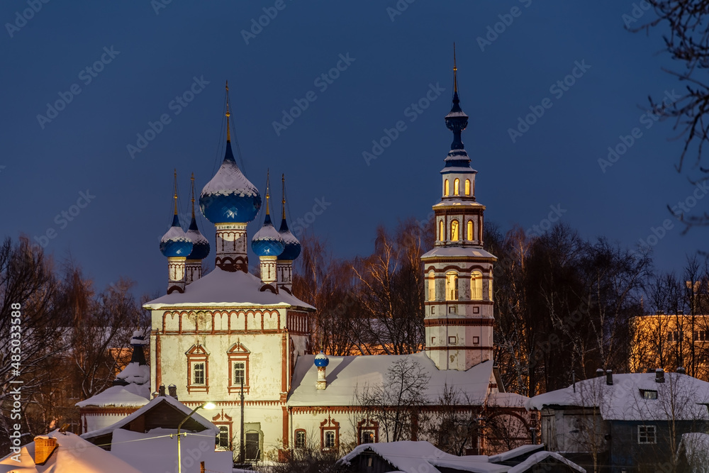 Night cityscape with The Temple of the icon of the Mother of God Korsunskaya in the city of Uglich of the Yaroslavl region of Russia. Golden Ring of Russia.	