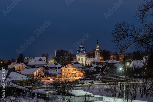 Night cityscape with The Temple of the icon of the Mother of God Korsunskaya in the city of Uglich of the Yaroslavl region of Russia. Golden Ring of Russia. 