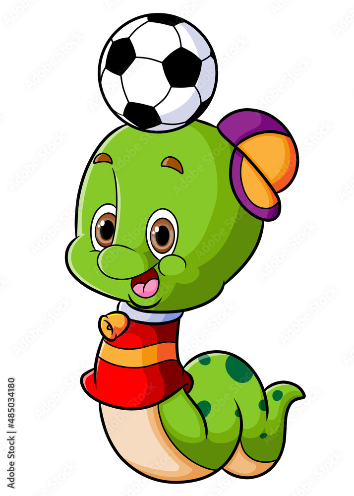 Fototapeta premium The cute caterpillar is playing the football with the happy face