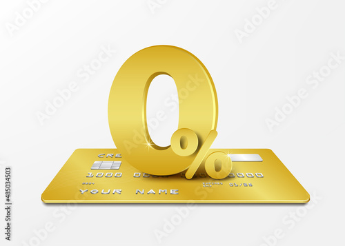 The golden 0% text is placed on the golden credit card for making advertising materials about reducing fees,vector 3d  isolated on white background for financial business concept design