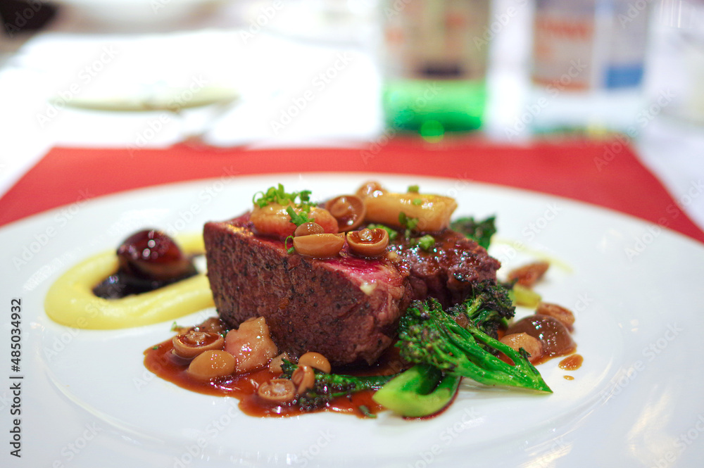 red wine braised steak grilled beef with small mushroom and broccoli red wine braised steak grilled beef with small mushroom and broccoli