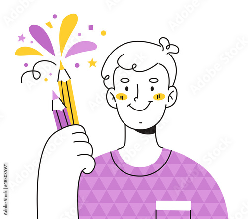 Smiling  man hold pencil in their hands. Modern character in linear style. Artist, painter, editor. 