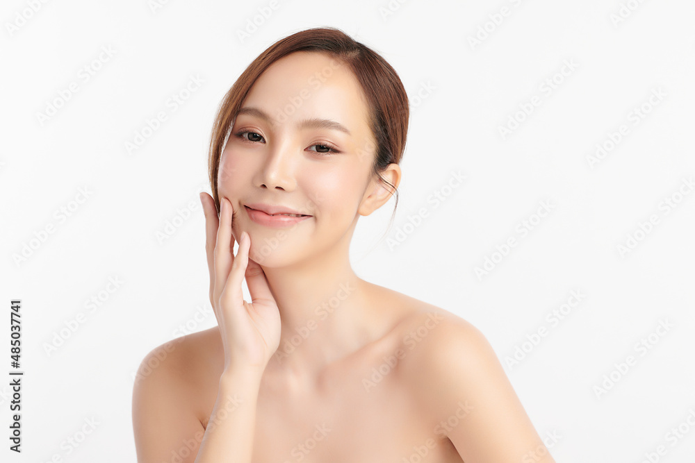 Beautiful young asian woman with clean fresh skin on white background, Face care, Facial treatment, Cosmetology, beauty and spa, Asian women portrait.