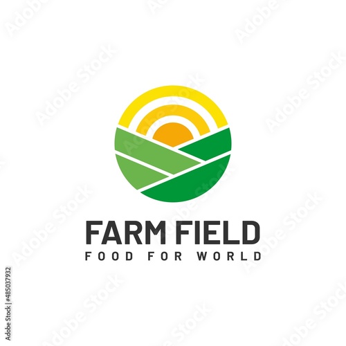 Farm field farmland agricultural logo vector with sunlight and hill photo