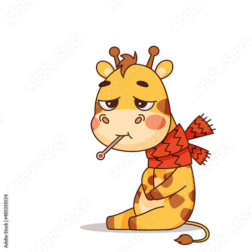 The giraffe is sick with a high temperature. Thermometer in mouth and scarf around neck. Vector illustration for designs, prints and patterns. Vector illustration