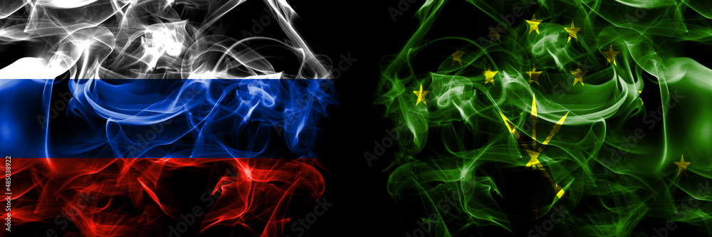 Russia, Russian vs Adygea, Russia flags. Smoke flag placed side by side isolated on black background