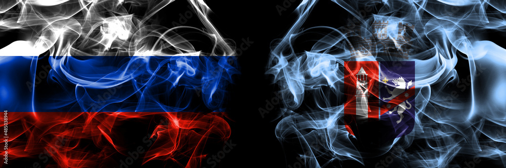 Russia, Russian vs Albania, Tirana flags. Smoke flag placed side by side isolated on black background