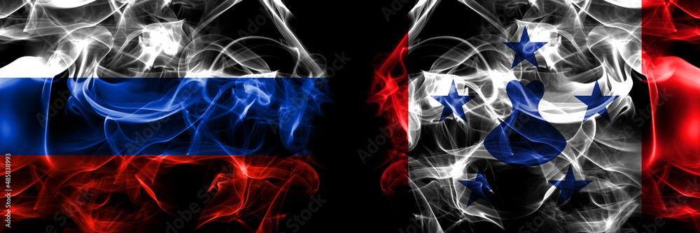 Russia, Russian vs Austral Islands flags. Smoke flag placed side by side isolated on black background