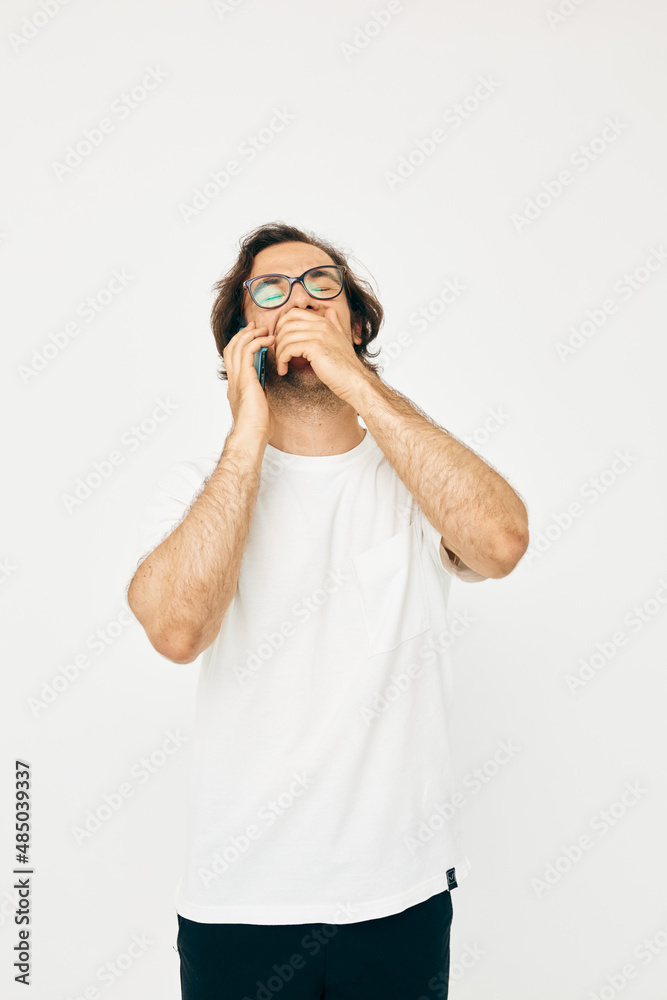Attractive man telephone communication hand gesture isolated background Attractive man telephone communication hand gesture isolated background