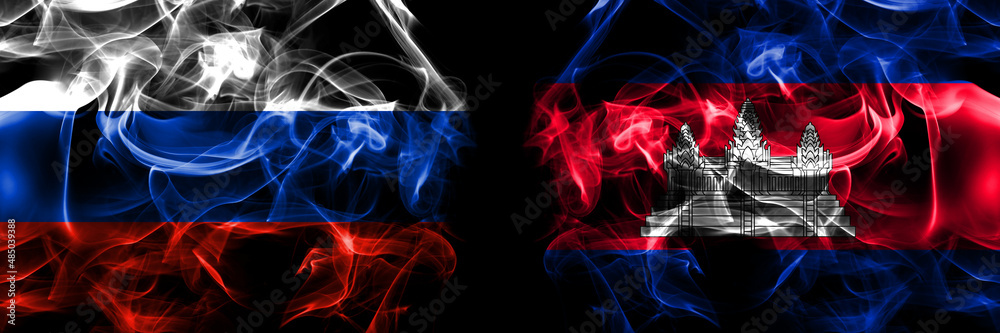 Russia, Russian vs Cambodia, Cambodian, Khmer flags. Smoke flag placed side by side isolated on black background