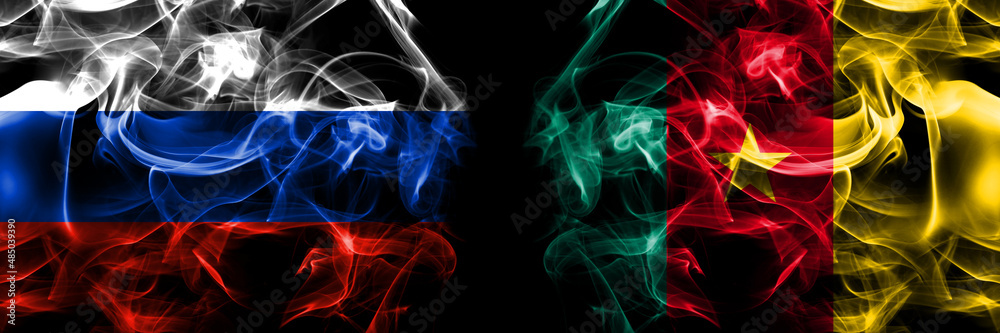 Russia, Russian vs Cameroon, Cameroonian flags. Smoke flag placed side by side isolated on black background