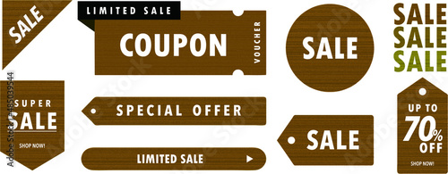 Webサイトに使える木目調のセールやクーポンのベクターフラットデザイン素材セット